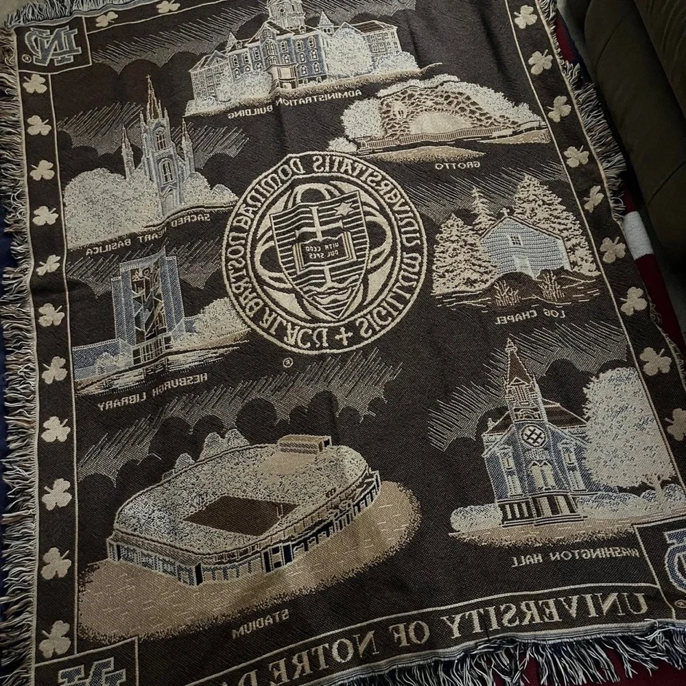 University Of Notre Dame Seal Stadium Tapestry Fringe Throw Blanket 63X49”